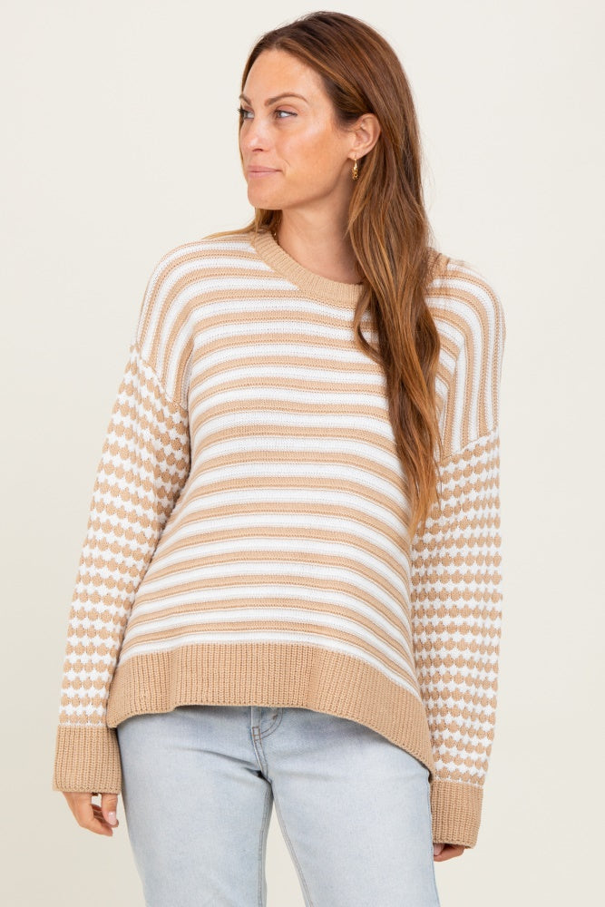 Taupe Striped Dot Contrast Knit Maternity Sweater