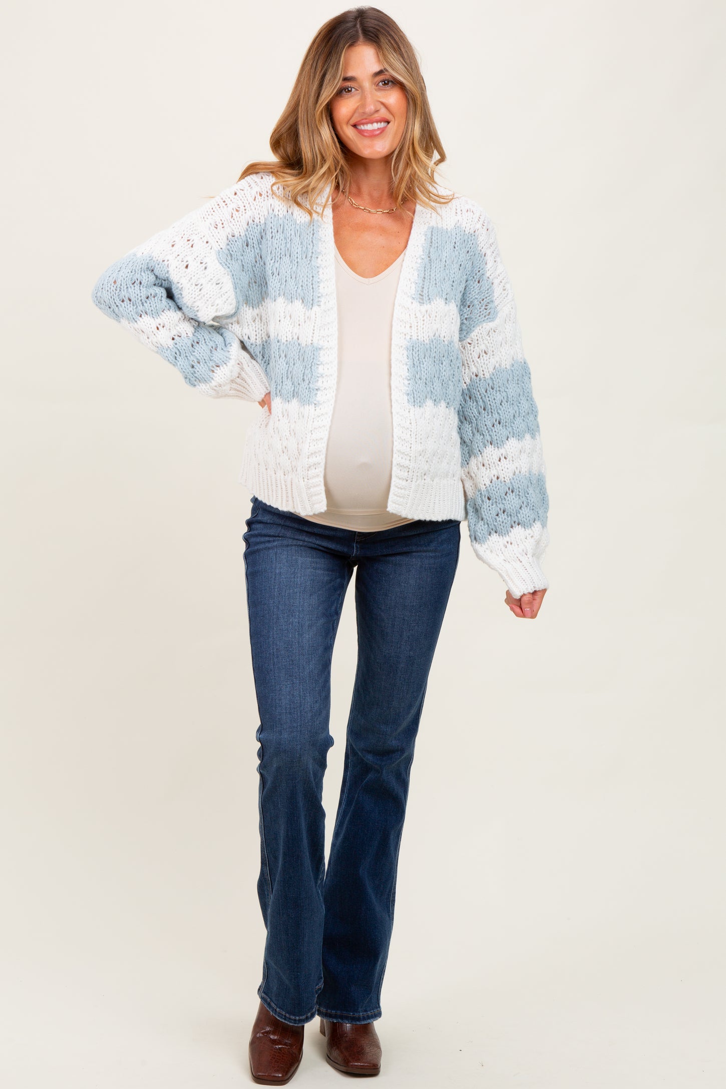 Light Olive Colorblock Chunky Knit Open Maternity Cardigan