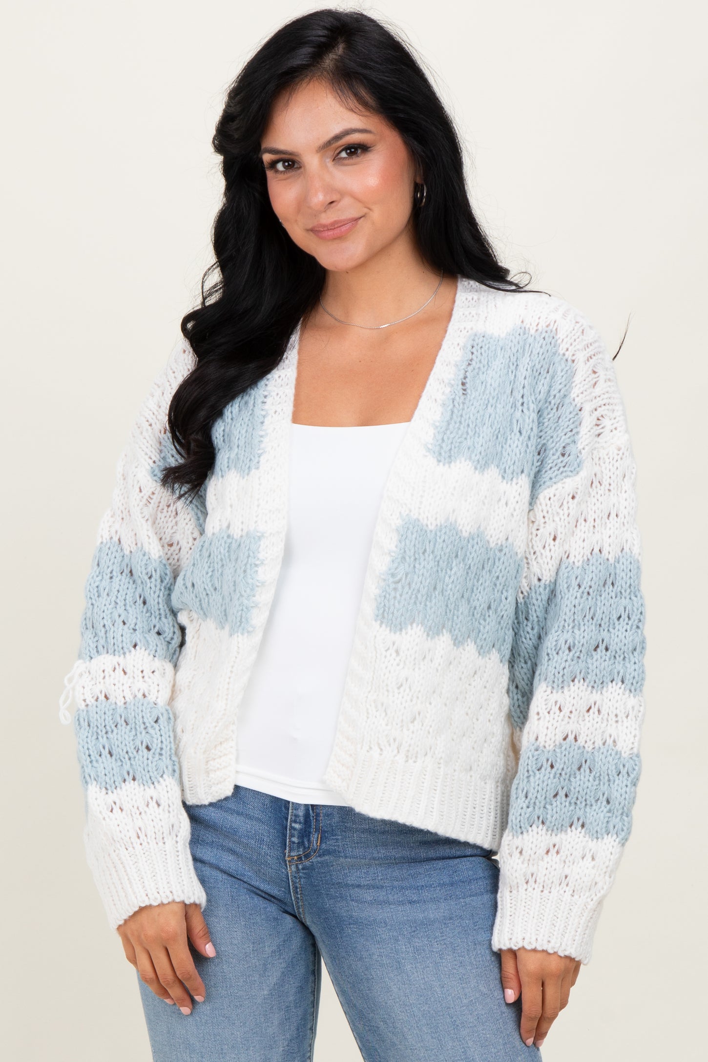 Light Olive Colorblock Chunky Knit Open Maternity Cardigan