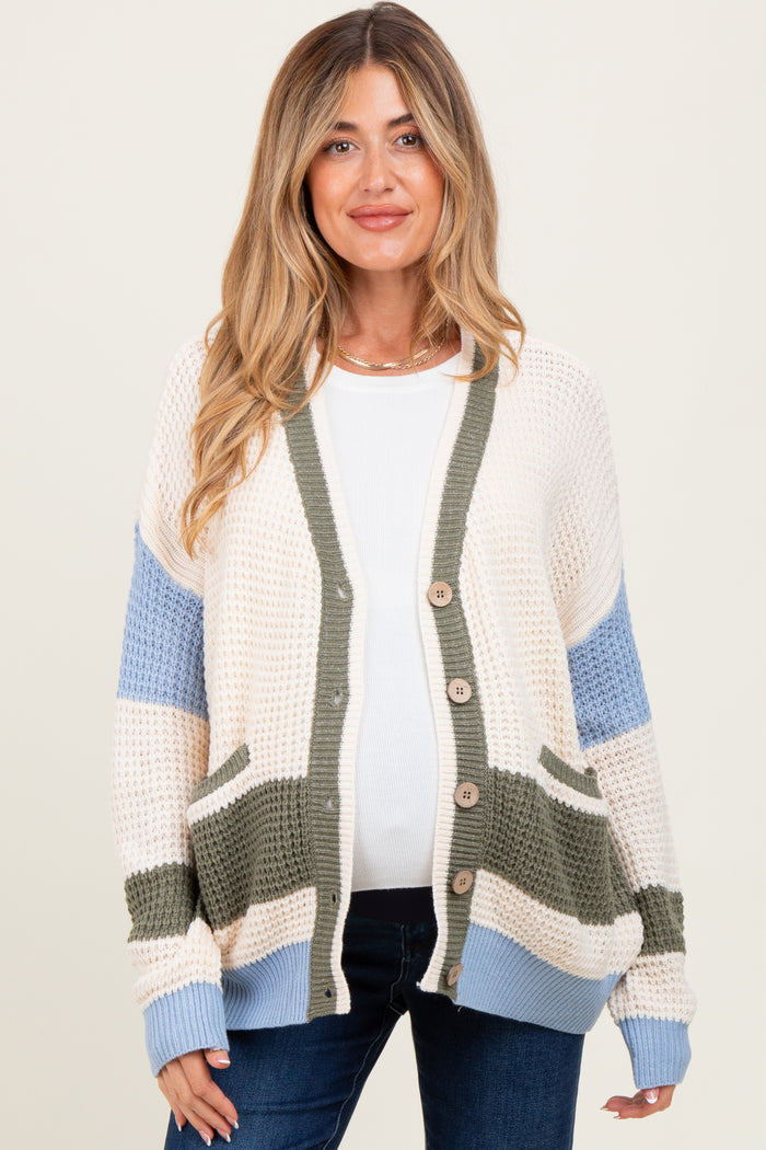 Cream Chunky Knit Colorblock Button-Up Maternity Cardigan