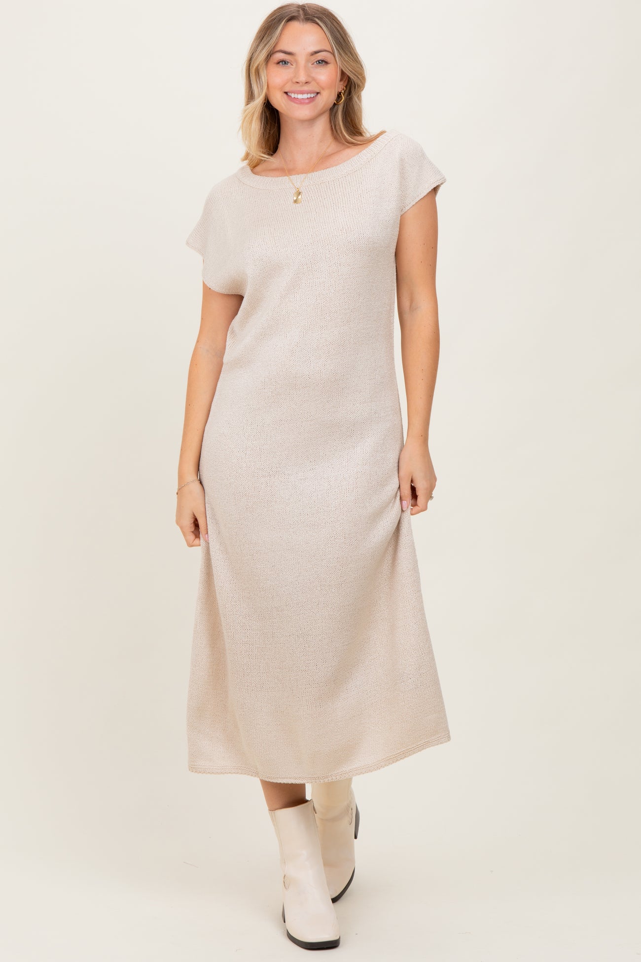 Cream Short Sleeve Maxi Sweater Dress