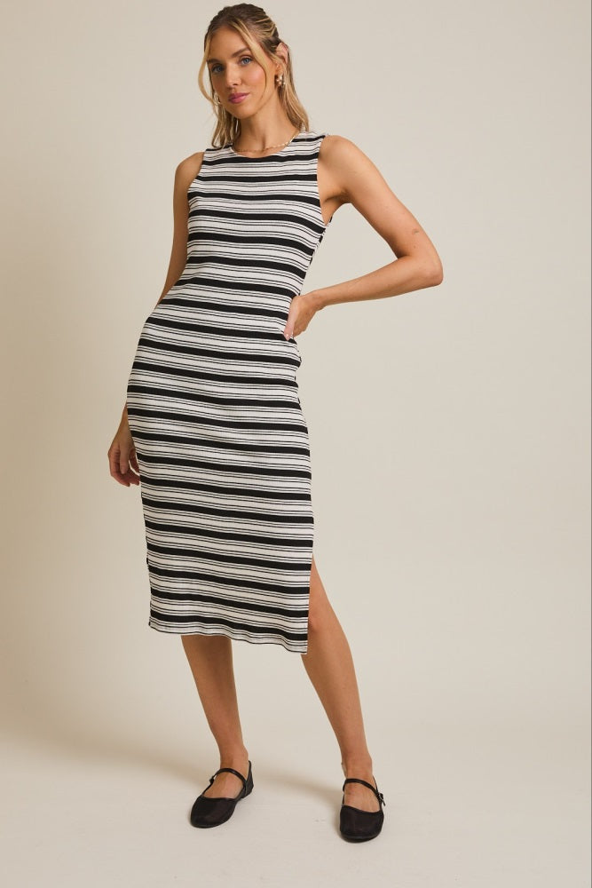 Black Multi-Stripe Ribbed Sleeveless Cutout Maternity Midi Dress