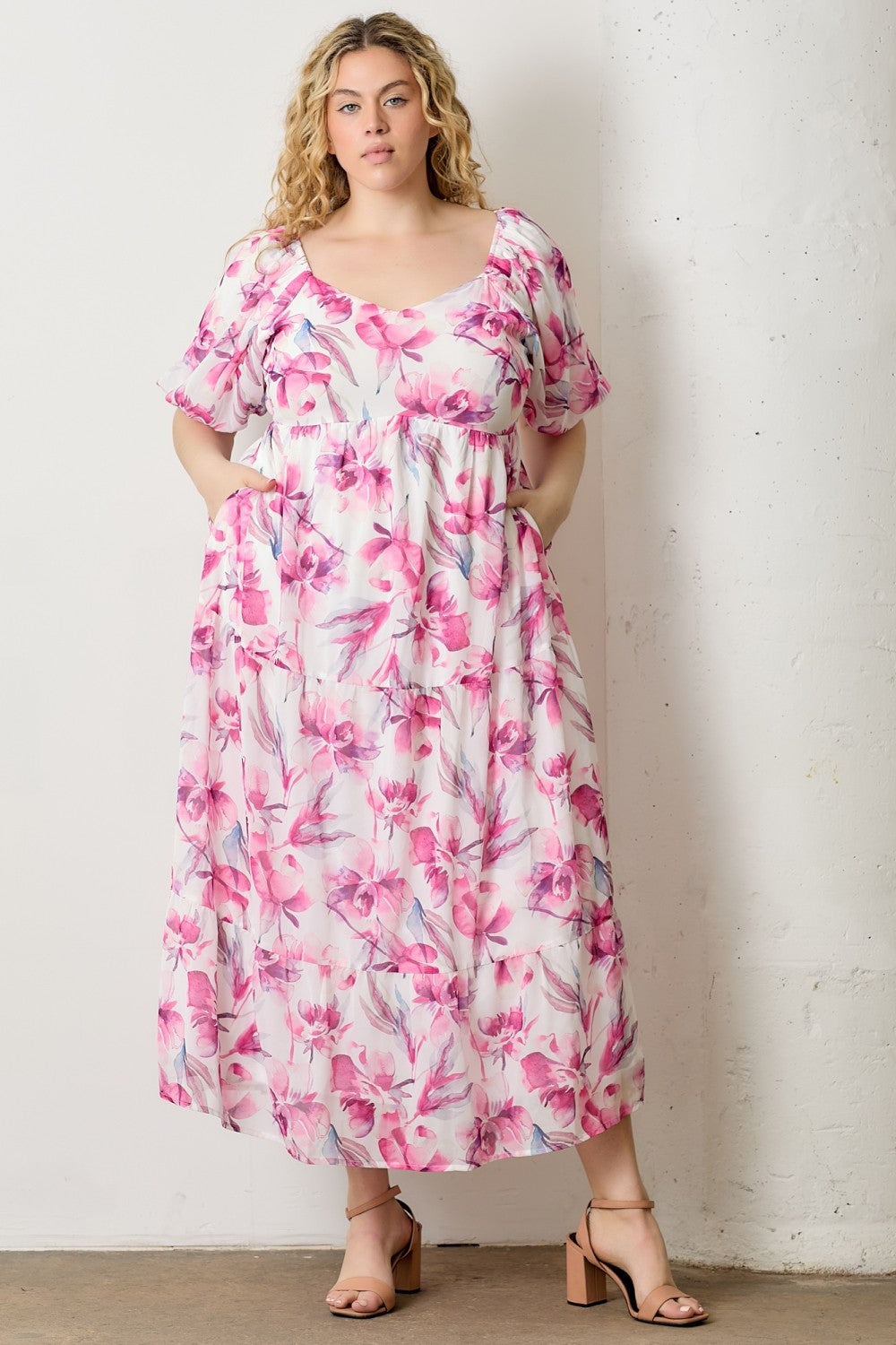 Pink Floral Chiffon Puff Sleeve Maternity Plus Midi Dress