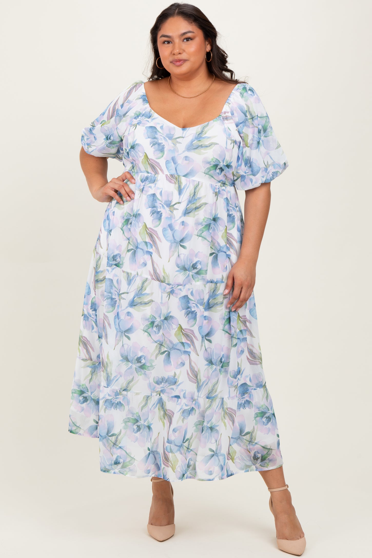Blue Floral Chiffon Puff Sleeve Plus Midi Dress