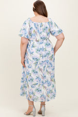 Blue Floral Chiffon Puff Sleeve Maternity Plus Midi Dress