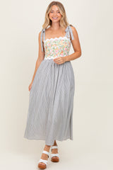 Grey Floral Striped Sleeveless Shoulder Tie Midi Dress