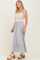 Grey Floral Striped Sleeveless Shoulder Tie Midi Dress