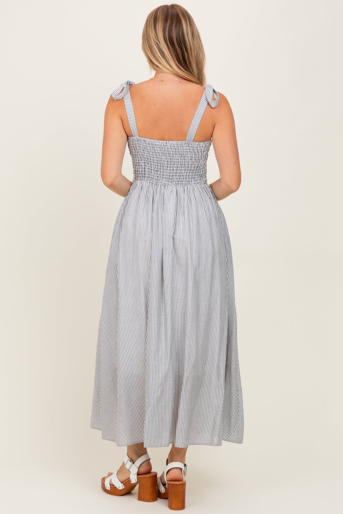 Grey Floral Striped Sleeveless Shoulder Tie Midi Dress