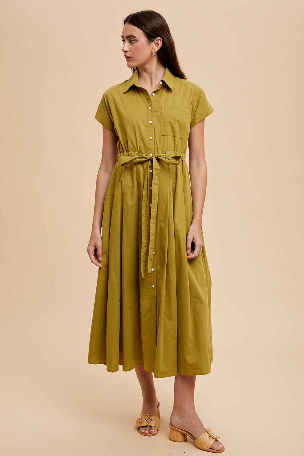 Olive Button Down Shirt Maxi Dress
