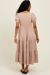 Mocha Solid Textured Tiered Shirt Sleeve Maxi Dress