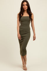 Olive Fitted Tube Knit Midi Dress