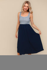 Navy Striped Fit And Flare Sleeveless Plus Midi Dress