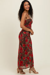 Brown Leopard Floral Mesh Ruched Sleeveless Maxi Dress