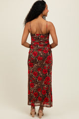 Brown Leopard Floral Mesh Ruched Sleeveless Maxi Dress