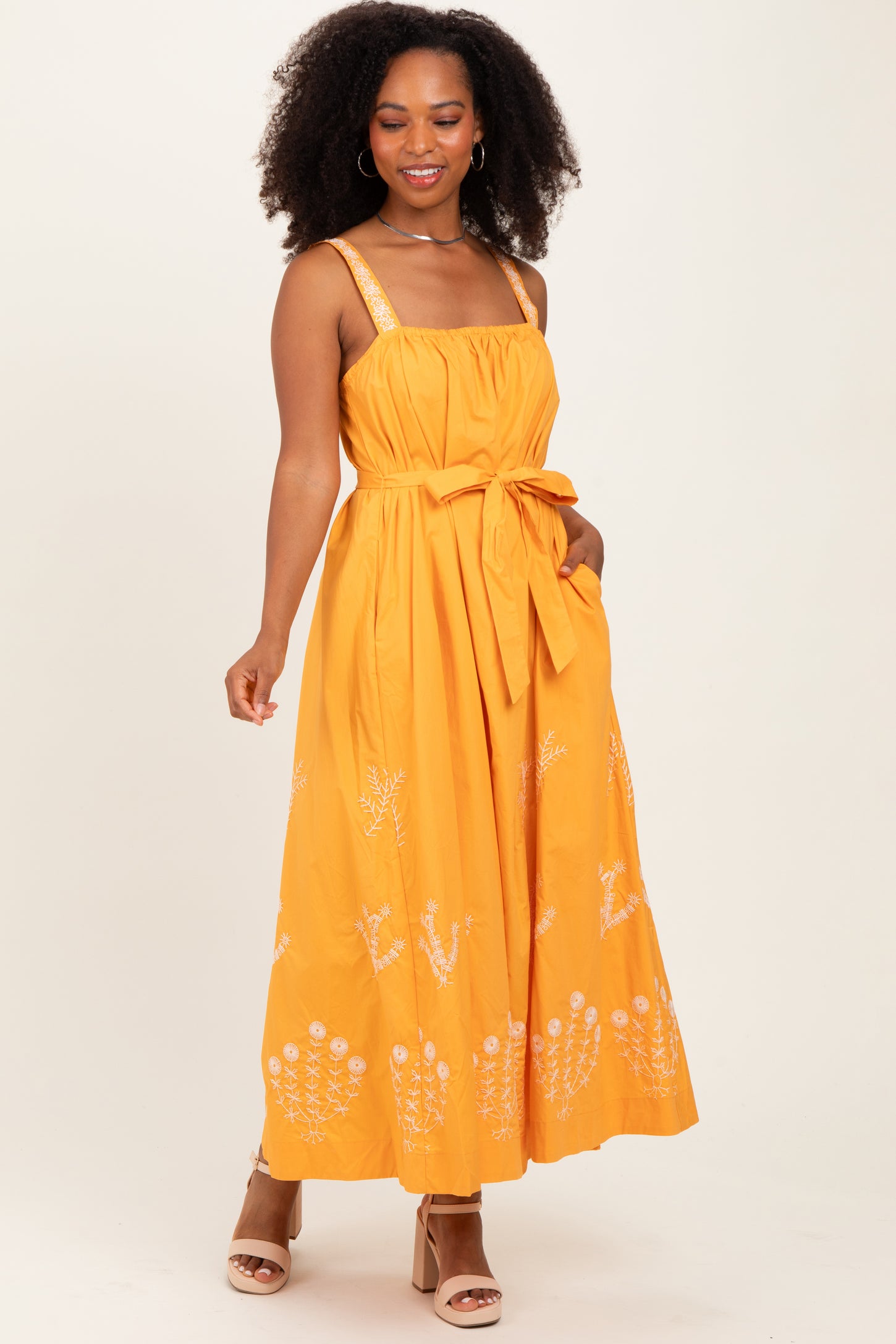 Orange Embroidered Sleeveless Sash Tie Maternity Maxi Dress