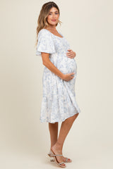 Cream Floral Smocked Flutter Sleeve Maternity Midi Dress