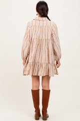 Tan Floral Print Shirring Half Buttoned Shirt Dress