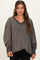 woman wearing a dark gray maternity sweatshirt with a v-neck and oversized fit