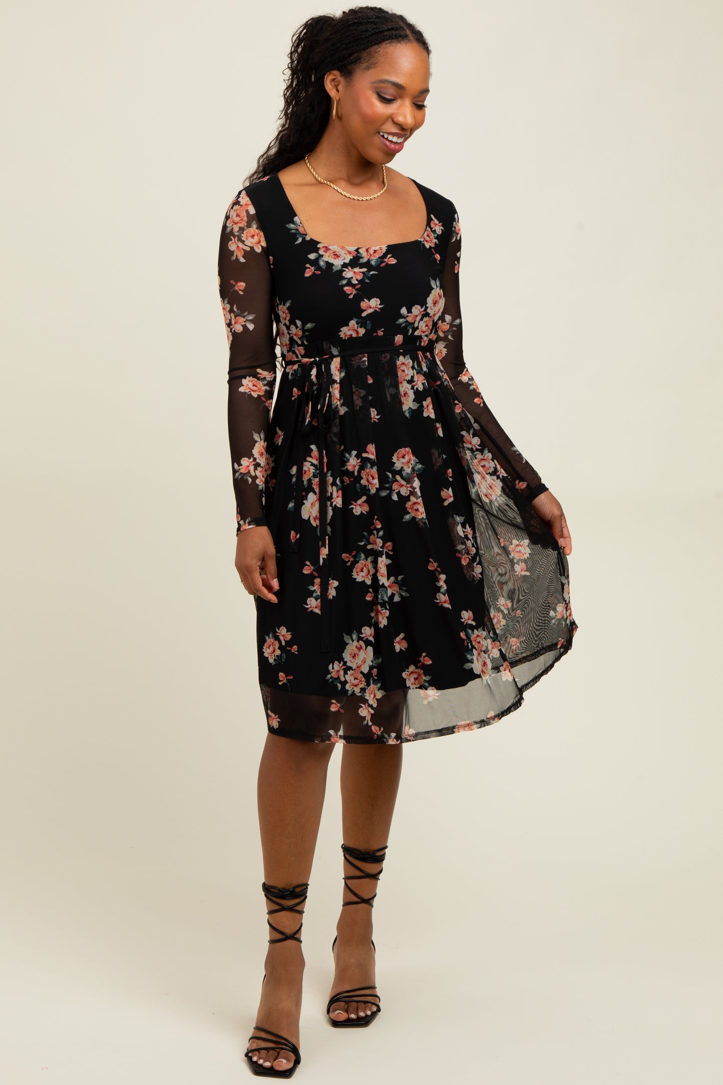 Black Floral Square Neck Long Sleeve Dress