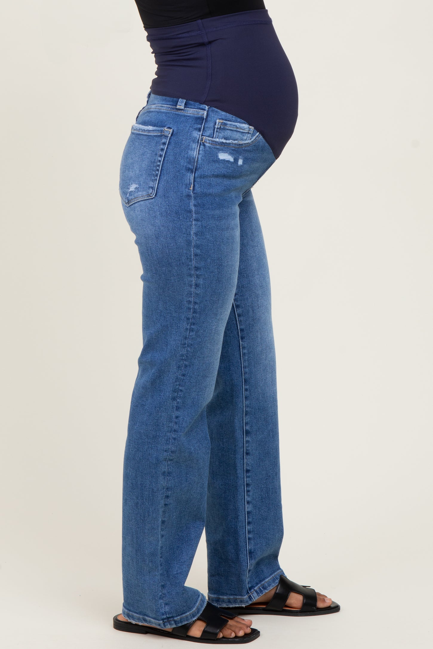 Blue  Mid Rise Full Length Straight Leg Maternity Jeans