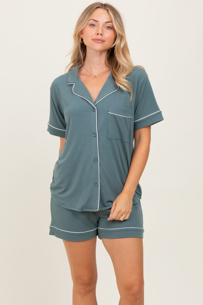 Light Olive Short Sleeve Button Down Shirt Shorts Maternity Set