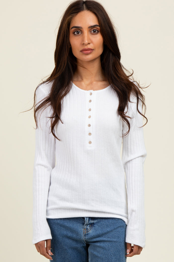 Off White Ribbed Knit Button Long Sleeve Top