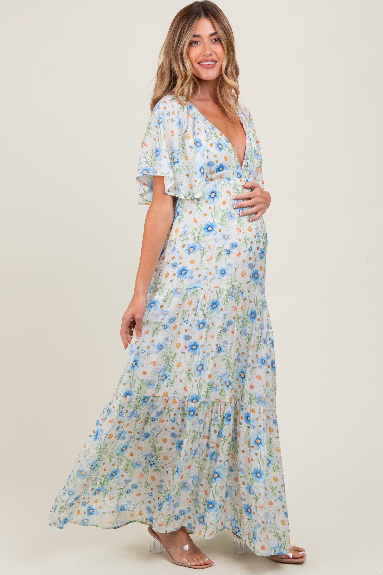 Blue Floral V-Neck Flowy Tiered Maternity Maxi Dress