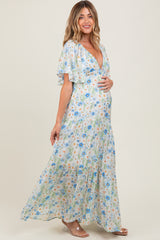 Blue Floral V-Neck Flowy Tiered Maternity Maxi Dress