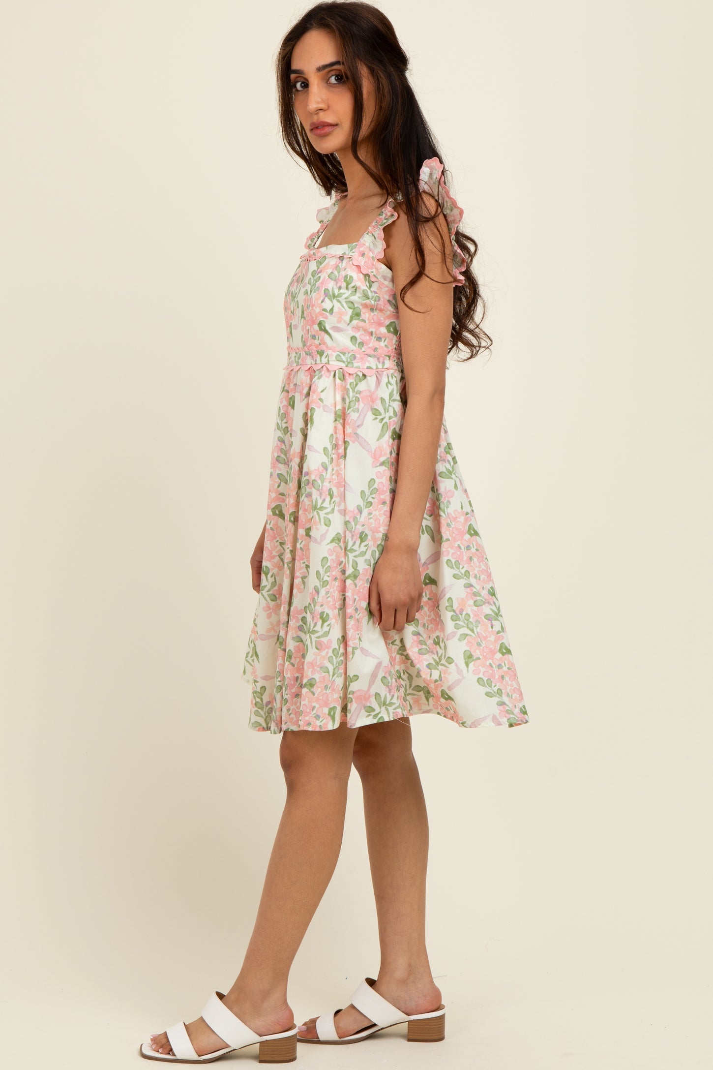 Pink Floral Print Smocked Back Dress