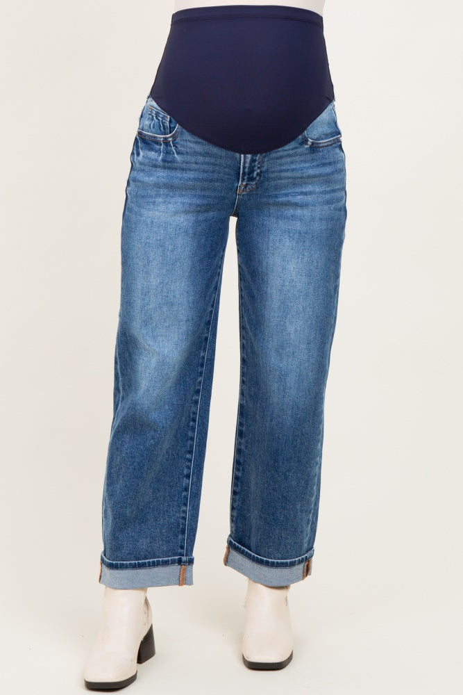 Dark Mid Rise Ankle Barrel Turn Up Cuffed Maternity Jeans