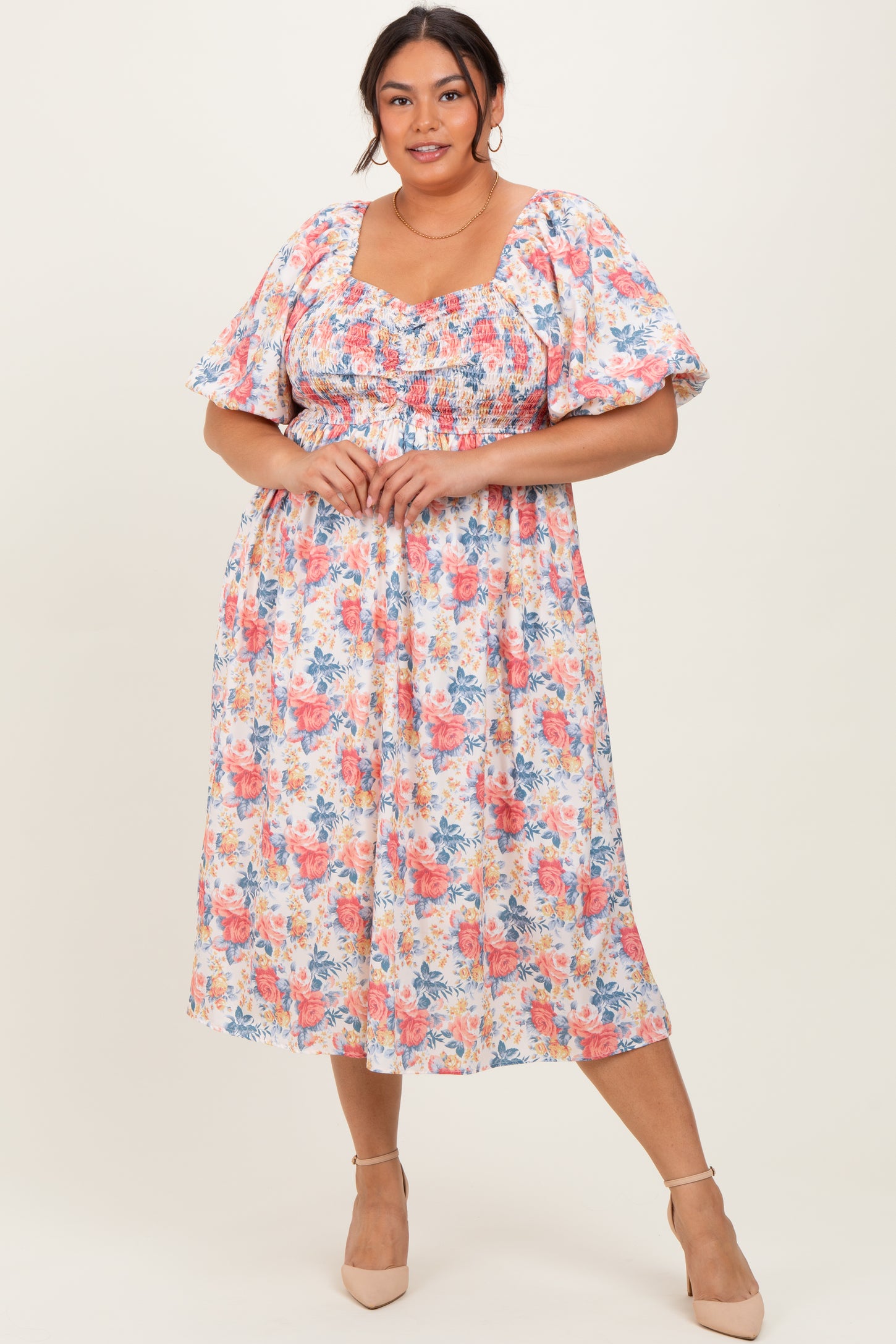 Ivory Multi Floral Print Smocked Ruched Bust Plus Midi Dress