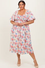 Ivory Multi Floral Print Smocked Ruched Bust Plus Midi Dress