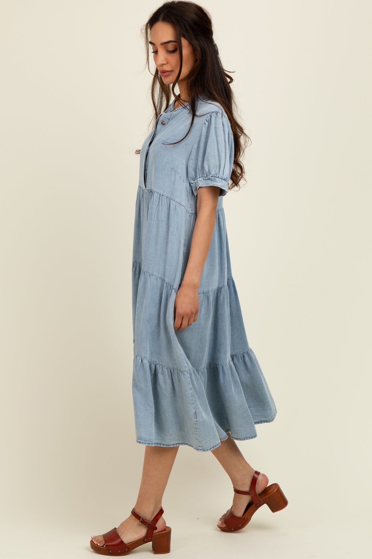 Light Blue Chambray Charm Tiered Midi Dress