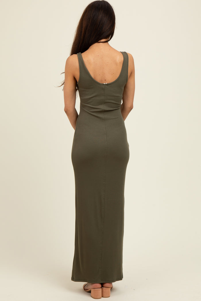 Olive Scoop Neck Sleeveless Rayon Rib Maxi Knit Dress