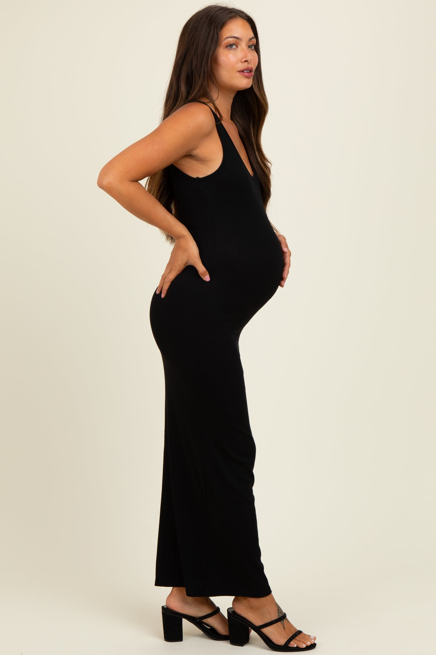 Black Scoop Neck Sleeveless Rayon Rib Maternity Maxi Knit Dress