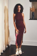 Wine Simple Mock Neck Midi Slip Maternity Dress