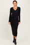 Black Solid Brushed Rib Long Sleeve V-Neck Fitted Midi Dress