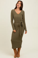 Light Olive Solid Brushed Rib Ling Sleeve V-Neck Fitted Midi Dress