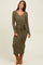 Light Olive Solid Brushed Rib Ling Sleeve V-Neck Fitted Midi Dress