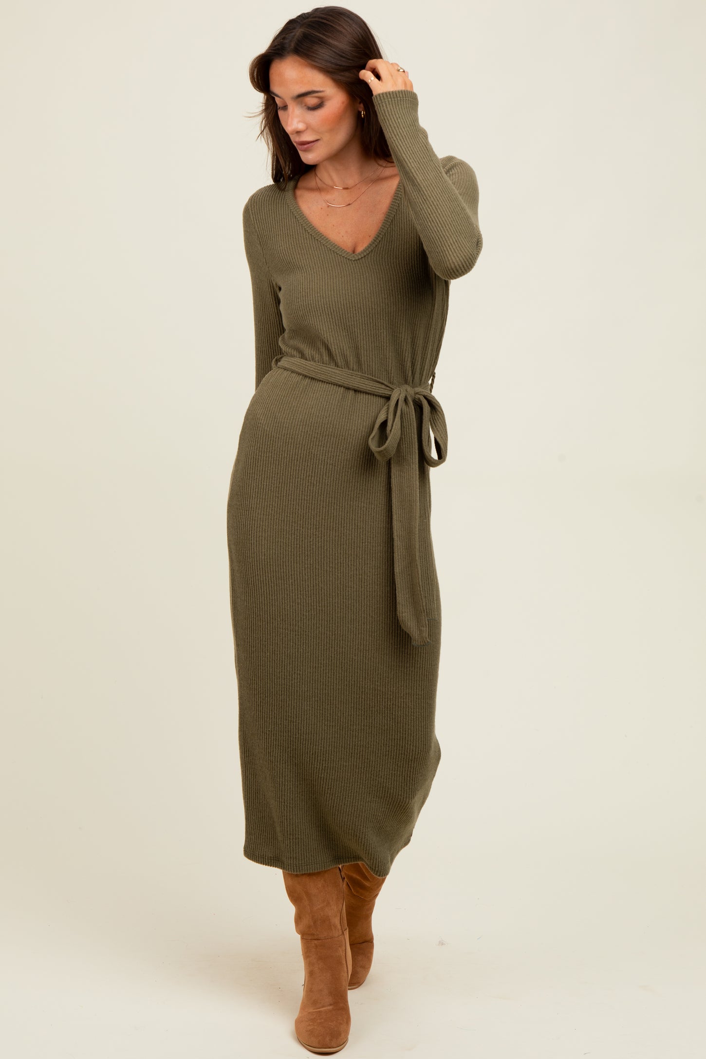 Light Olive Solid Brushed Rib Ling Sleeve V-Neck Fitted Midi Dress