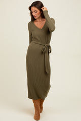 Light Olive Solid Brushed Rib Ling Sleeve V-Neck Fitted Midi Dress