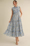 Blue Floral Print Frilled Pocketed Midi Dress
