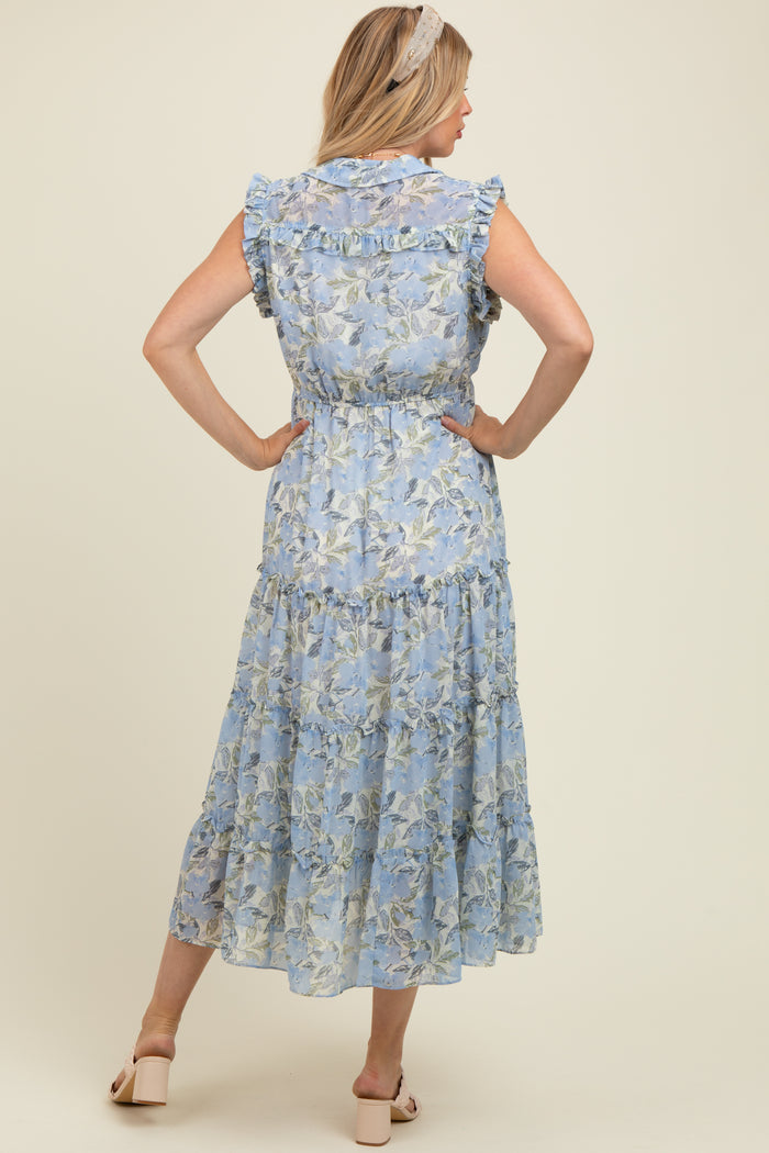 Blue Floral Print Frilled Pocketed Maternity Midi Dress