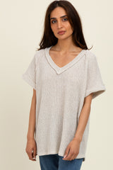 Taupe Short Sleeve V-Neck Solid Waffle Knit Top