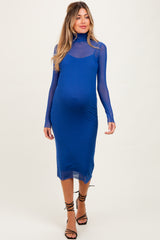 Royal Blue Mesh Overlay Fitted Maternity Midi Dress