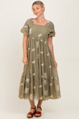 Light Olive Floral Print Ruffle Hem Maternity Midi Dress