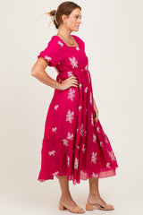 Magenta Floral Print Ruffle Hem Midi Dress