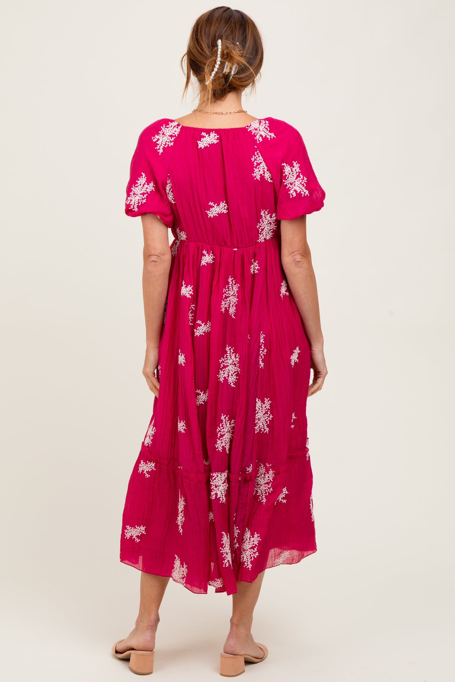 Magenta Floral Print Ruffle Hem Midi Dress