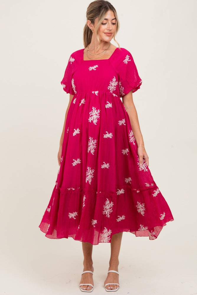 Magenta Floral Print Ruffle Hem Maternity Midi Dress