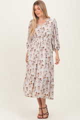 Cream Floral Button Front V-Neck Midi Dress